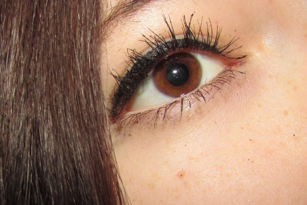 Gros plan d'un oeil marron maquille au mascara